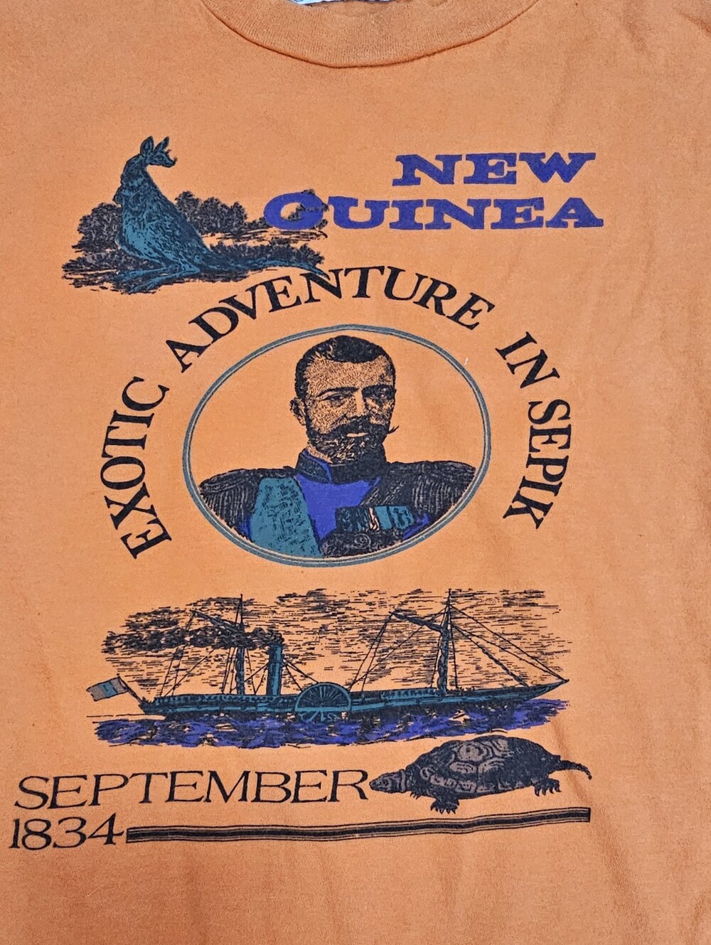 FREDERIC HOMS Orange Papua New Guinea Nautical Sepik River T Shirt Mens L VTG